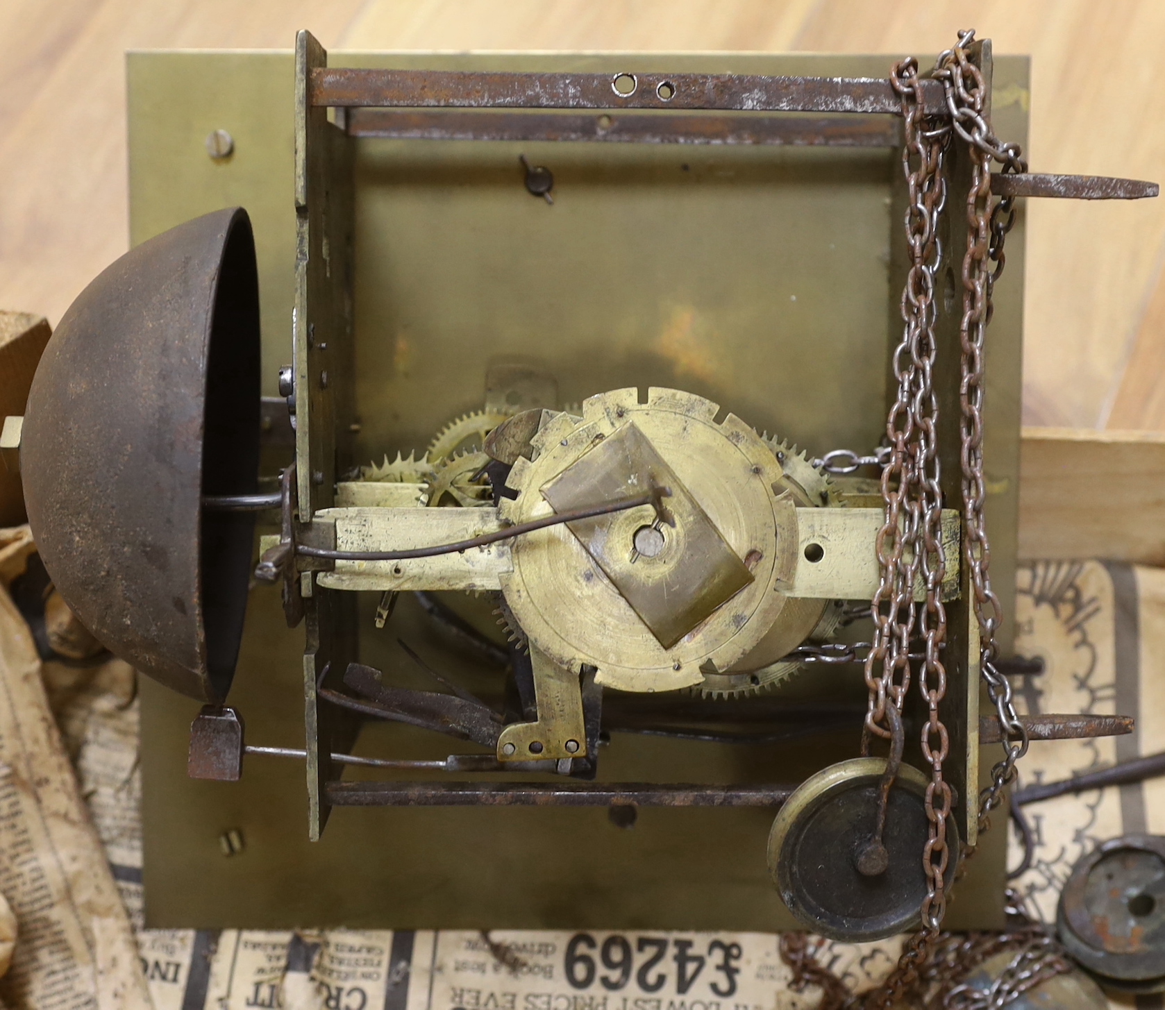 A brass face and birdcage movement from a late 18th century thirty hour clock - a.f.